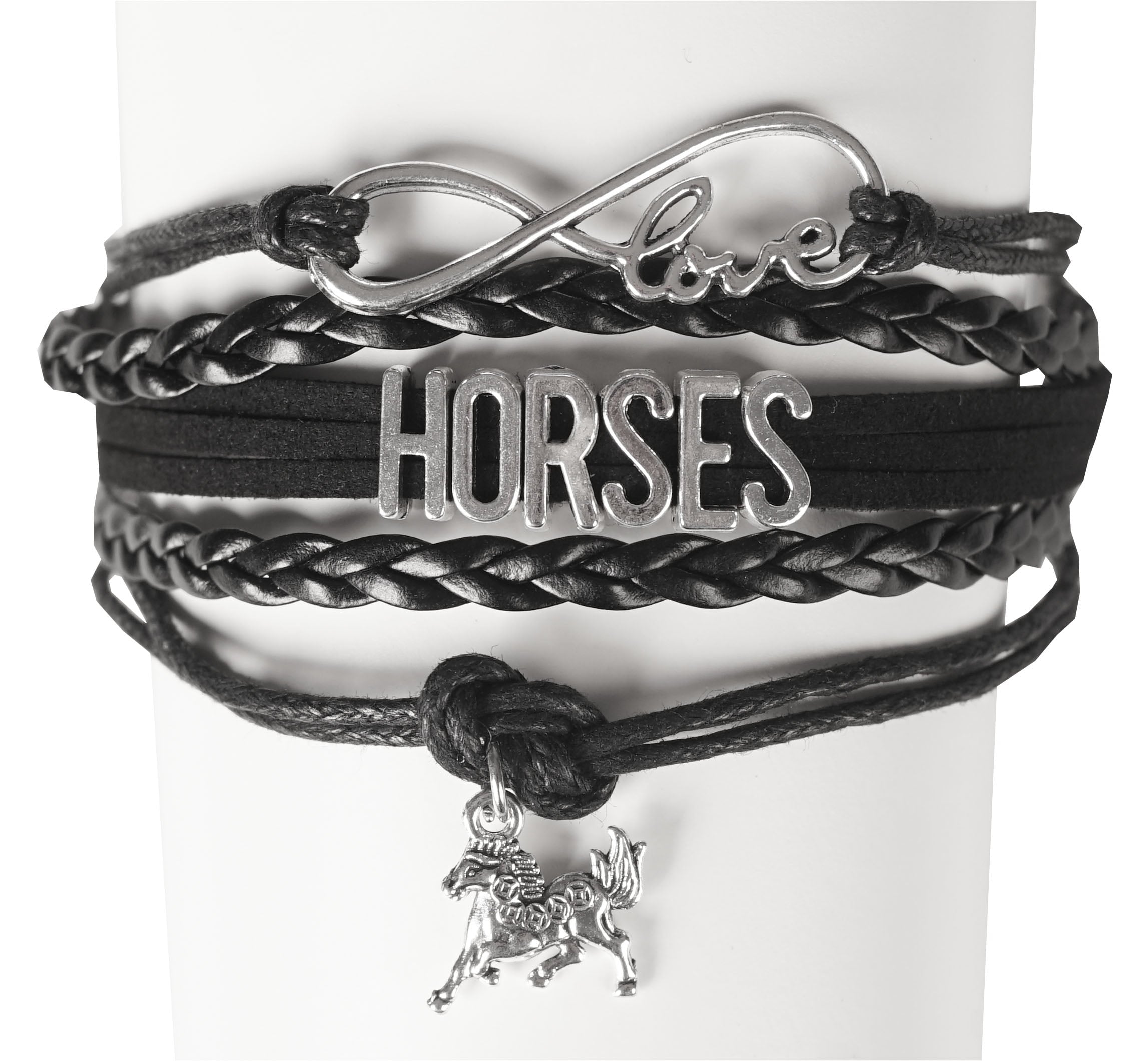 Leren armband met paardenbedeltje zwart