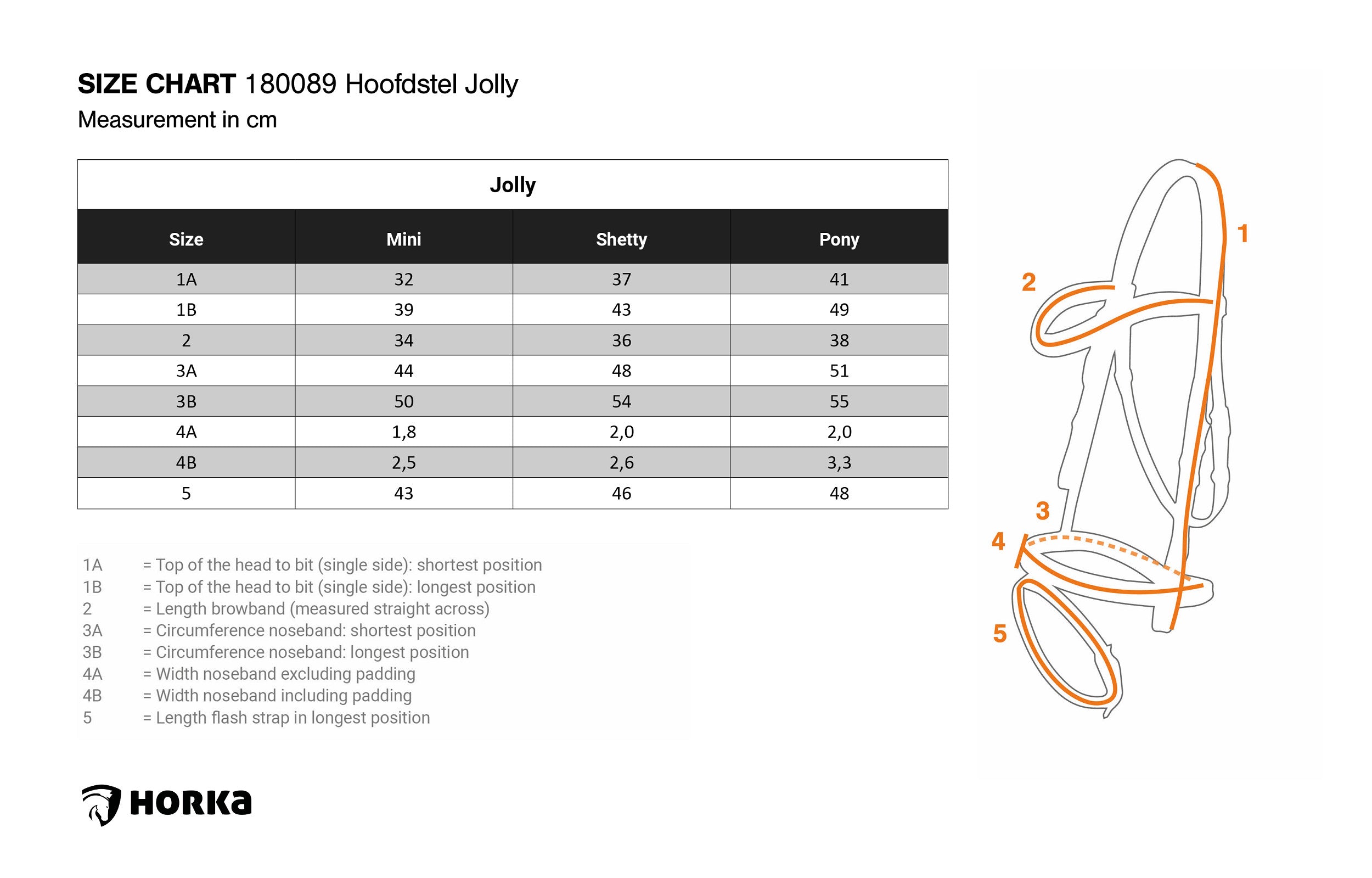 Horka hoofdstel Jolly maattabel