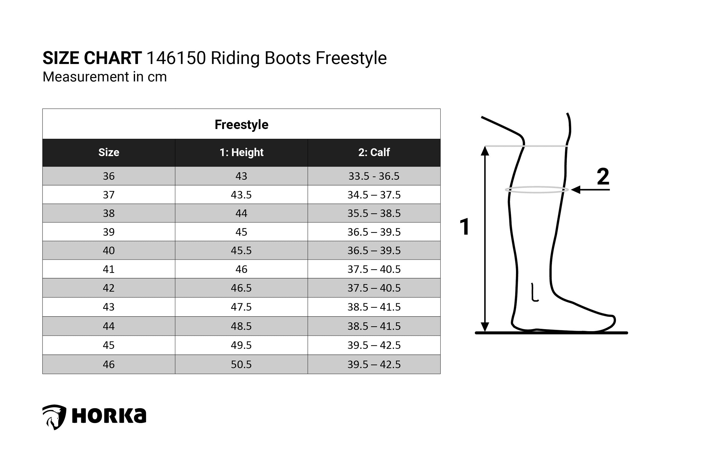 Horka rijlaars Freestyle winter allround sizechart